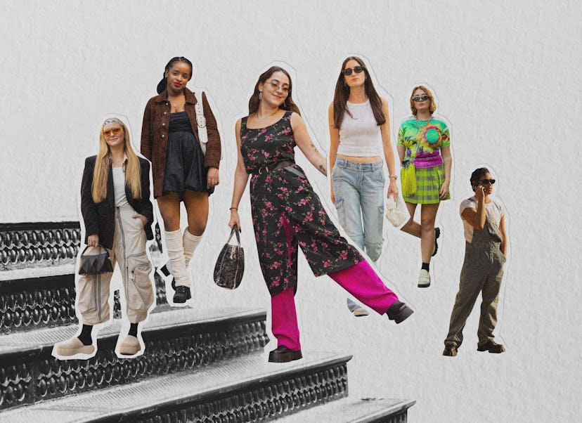 A collage of polarizing fashion trends, including overalls and clogs.