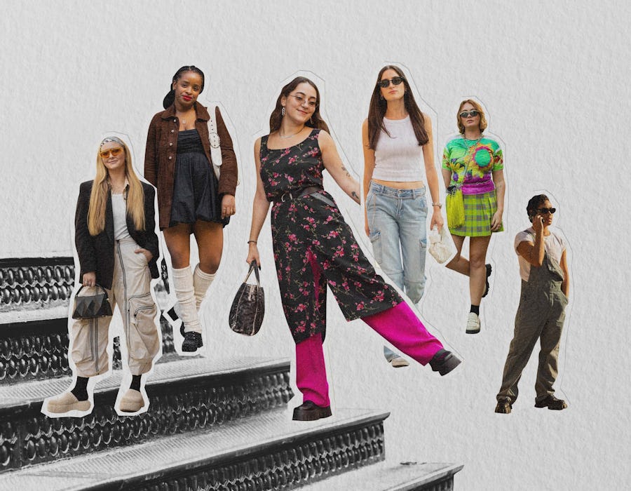 A collage of polarizing fashion trends, including overalls and clogs.