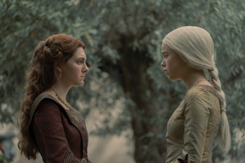 Milly Alcock as Rhaenyra Targaryen and Emily Carey as Alicent Hightower in House of the Dragon Episo...