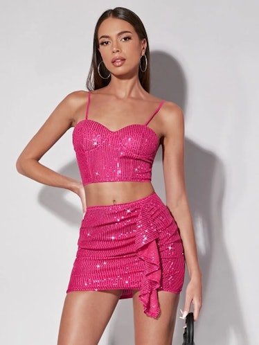 pink sequin top and skirt