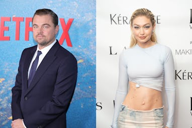 Leonardo DiCaprio in a suit next to Gigi Hadid.