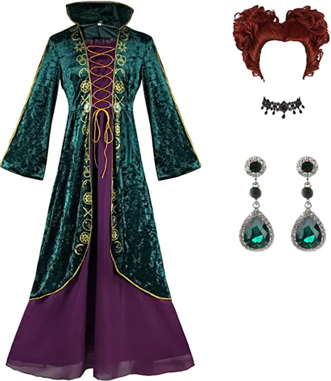 A Winifred Sanderson Halloween costume with accessories, one of the best Hocus Pocus Halloween costu...