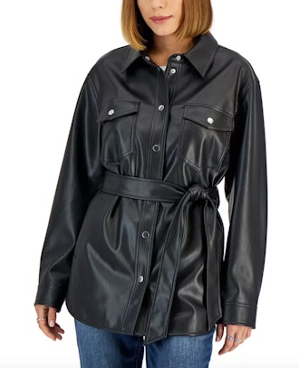 Juniors' Faux-Leather Belted Shacket