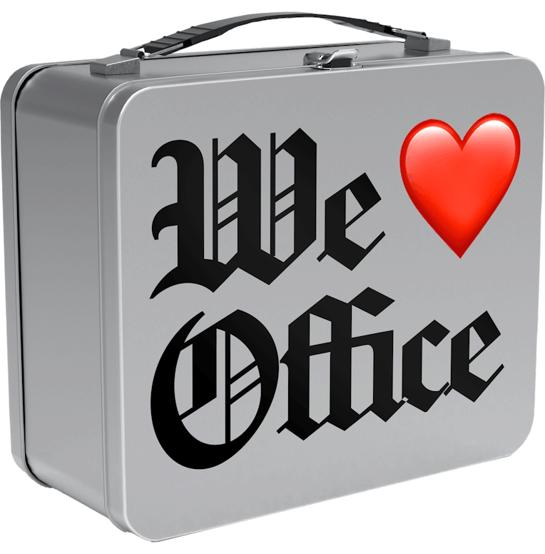 A lunch box that says We Love Office.