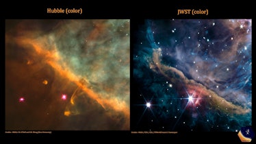 color images of a nebula, from two different telescopes, side by side for comparison