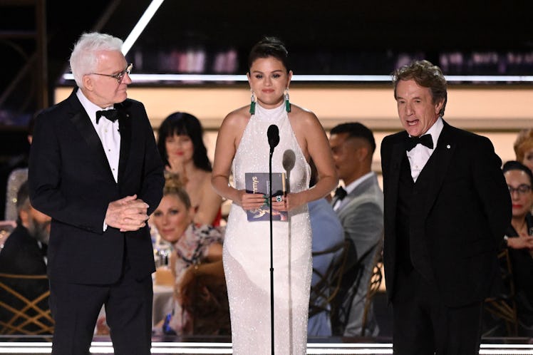 Selena Gomez at the 2022 Emmys with Steve Martin and Martin Short.