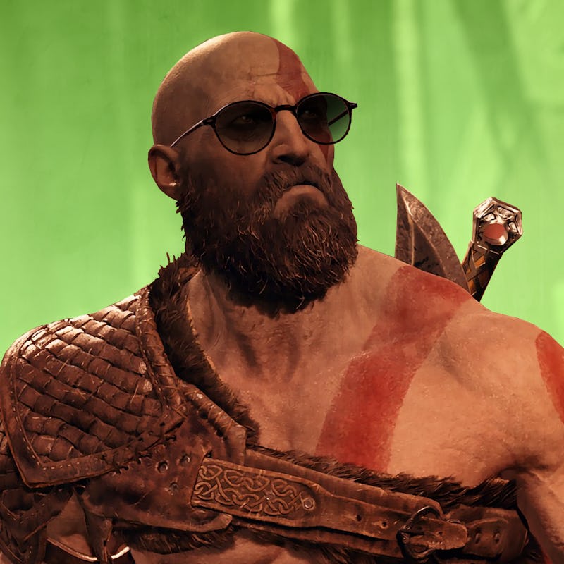 Kratos wearing sunglasses while having a serious face