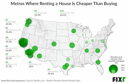 A map of cities where it is cheaper to rent a house, than buy one