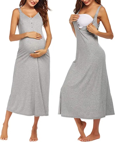 Maternity nightgowns with easy nursing access are useful throughout postpartum too.