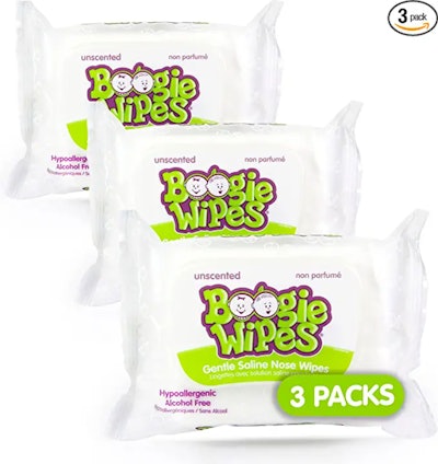 Boogie Wipes Unscented Wet Wipes are one way to get boogers out of baby's nose.