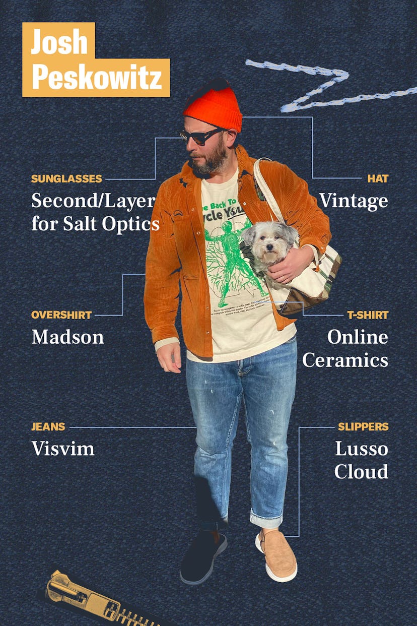 Josh Peskowitz in Salt Optics shades, a vintage red hat, an Online Ceramics T-shirt, Visvim jeans an...