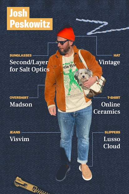 Josh Peskowitz in Salt Optics shades, a vintage red hat, an Online Ceramics T-shirt, Visvim jeans an...