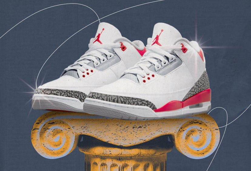 Classic white with red Jordan III on pedastal.