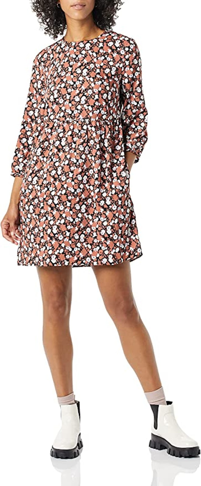 Amazon Essentials Satin Georgette 3/4 Sleeve Crewneck Mini Dress