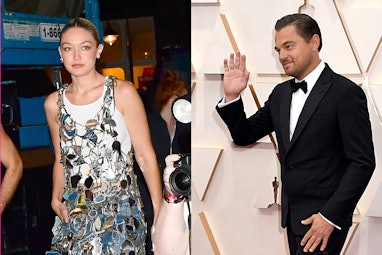 Leonardo DiCaprio in a suit next to Gigi Hadid.