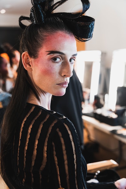 NYFW beauty trends include all-over blush as seen on a model walking the runway at the Bibhu Mohapat...
