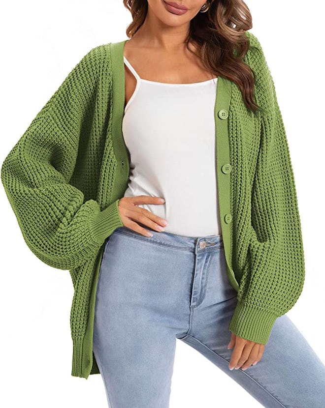 QUALFORT Button-Down Long Sleeve Oversized Knit Cardigan