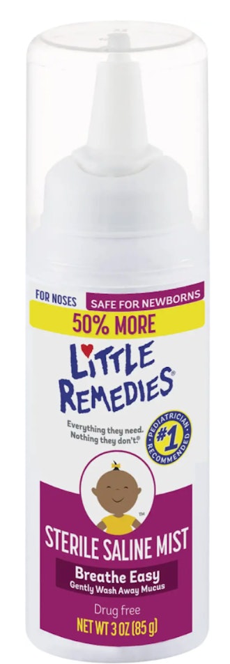 Little Remedies Sterile Saline Nasal Mist is one way to clear boogers from baby's nose.