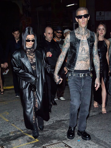 Kourtney Kardashian and Travis Barker are seen arriving to the Boohoo X Kourtney Kardashian fashion ...