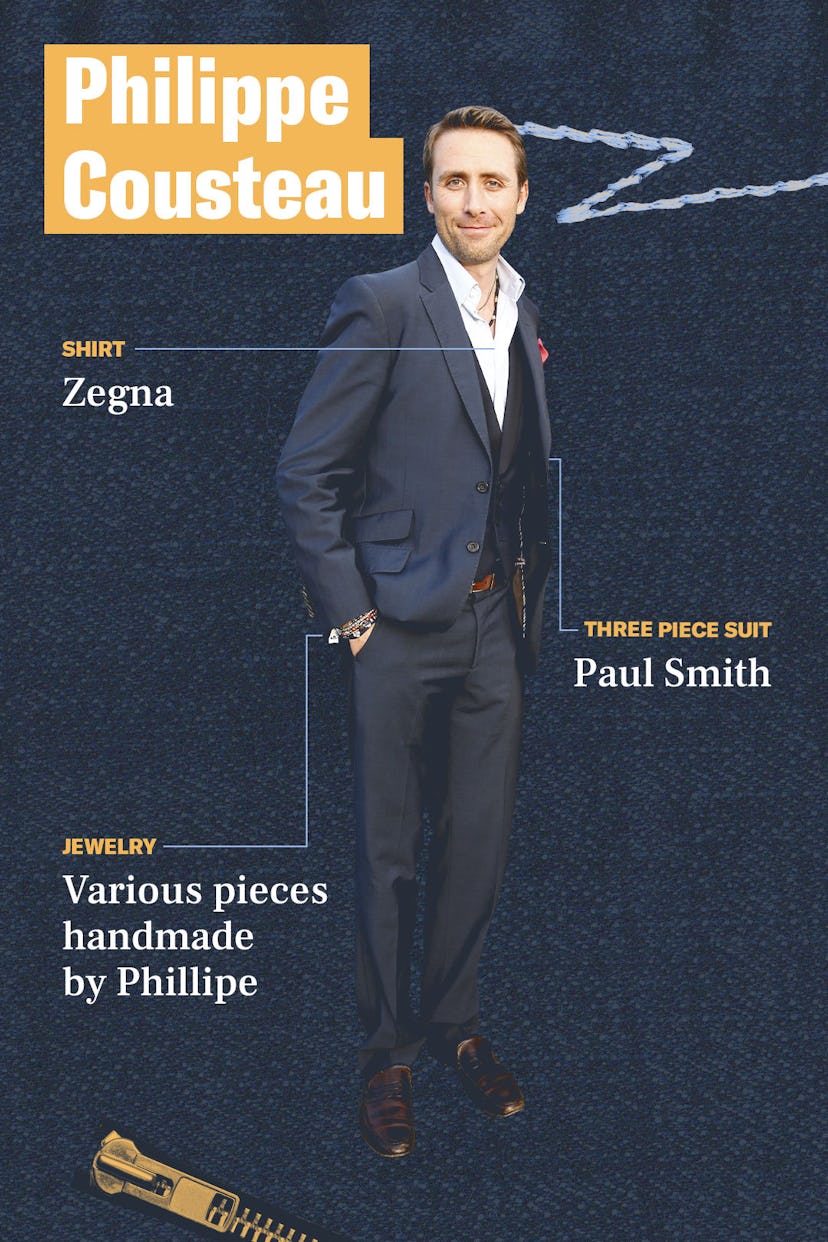 Philippe Cousteau in a white Zegna shirt, a three-piece Paul Smith suit and handmade jewelry
