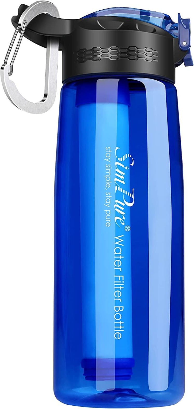 The SimPure Filtered Water Bottle includes a four-stage filter straw that removes sediment, chlorine...
