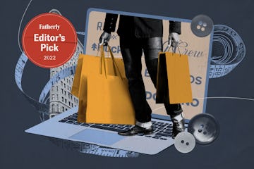 Fashion collage with a stylish man carrying shopping bags walking out of a laptop screen while being...