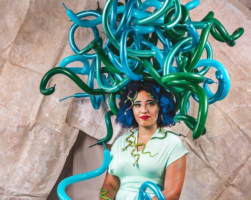 here's a unique halloween costume idea: create a medusa costume using balloon animals as snakes