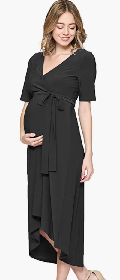 The. Hello Miz Maternity Wrap Dress Midi Length in Black Solid is one of the best petite maternity d...