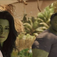 She-Hulk stares directly at the camera.