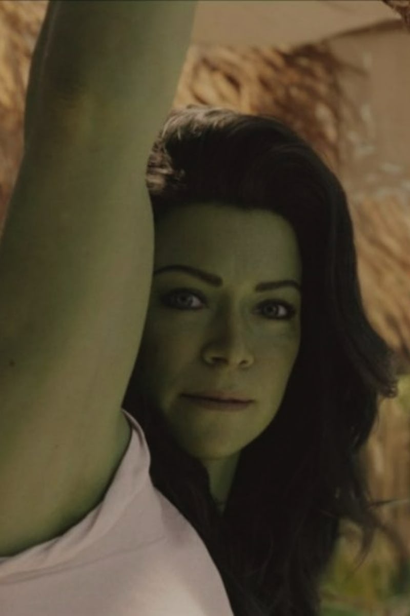 She-Hulk stares directly at the camera.