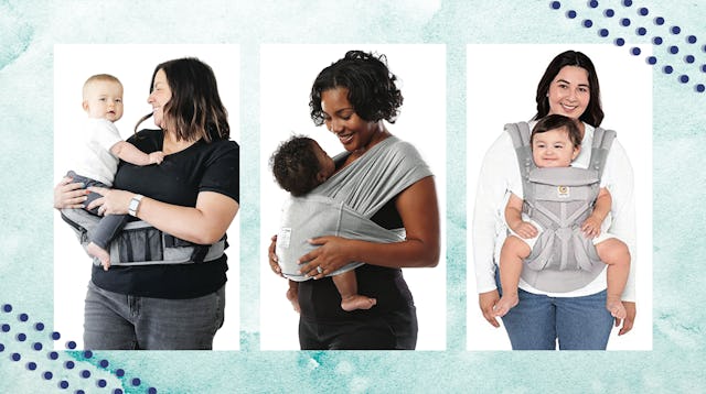 Three Side By Side Pictures Of Women With Kids In Baby Carriers