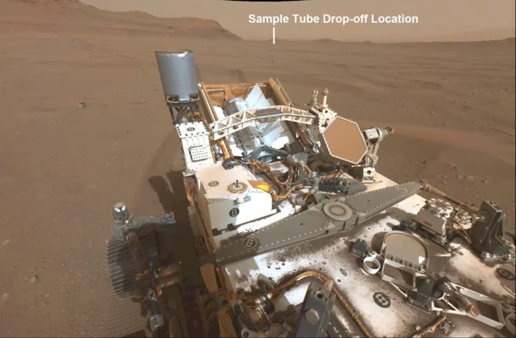 The Sample Tube Drop-off Location is annotated on the Martian horizon in this picture. Perseverance ...