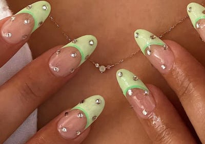 green french tip nails with crystals
