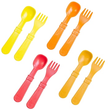 Yellow orange and red toddler forks and spoons