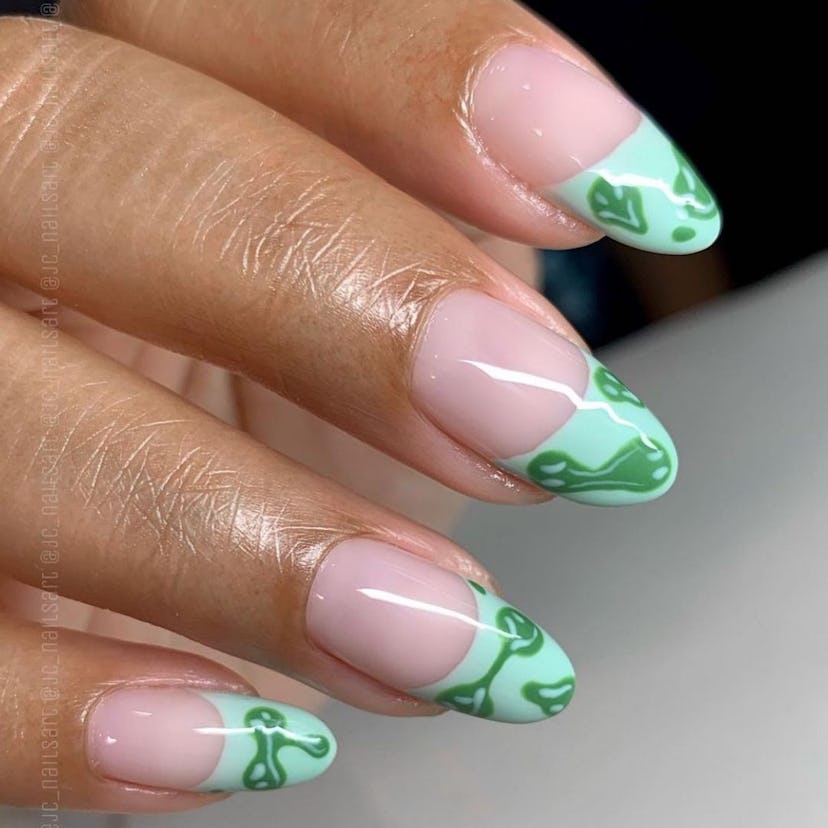 green french tip nails with design