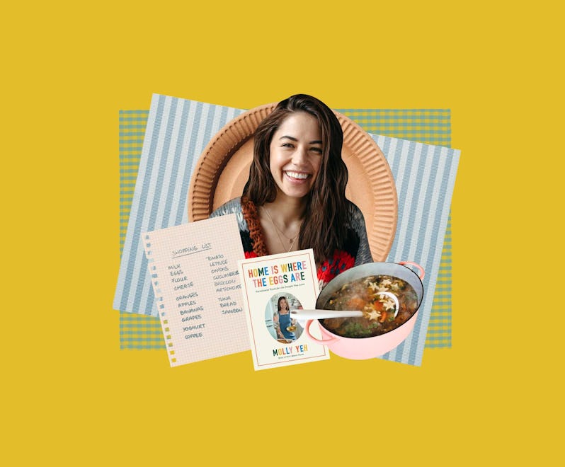 A collage with Molly Yeh, shopping list and her cookbook called "Home Is Where the Eggs Are"