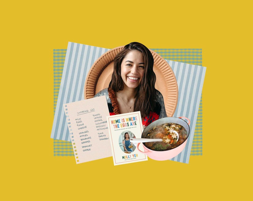 A collage with Molly Yeh, shopping list and her cookbook called "Home Is Where the Eggs Are"