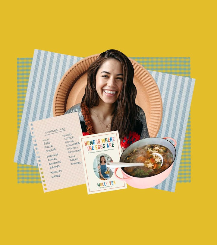 A collage with Molly Yeh, shopping list and her cookbook called "Home Is Where the Eggs Are"