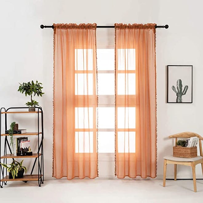 MISS SELECTEX Semi-Sheer Pom Pom Tasseled Sheer Curtains