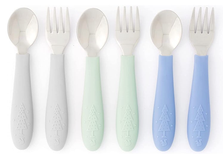 Gray green and blue kids forks and spoons