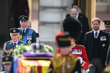 King Charles III, Prince William, and Prince Harry attended Queen Elizabeth II's procession, where h...