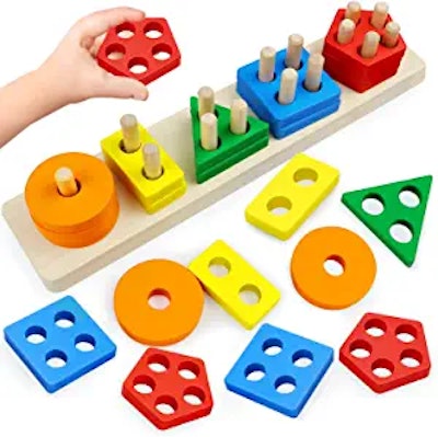 Peg puzzles with shape pieces help little ones learn to identify circles, squares, and triangles.
