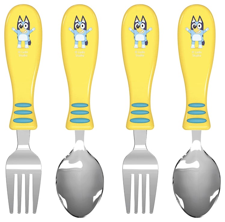 Yellow Bluey toddler forks and spoons