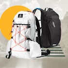 A collage of a panorama site, an orange circle, and two perfect daypacks for any family hike