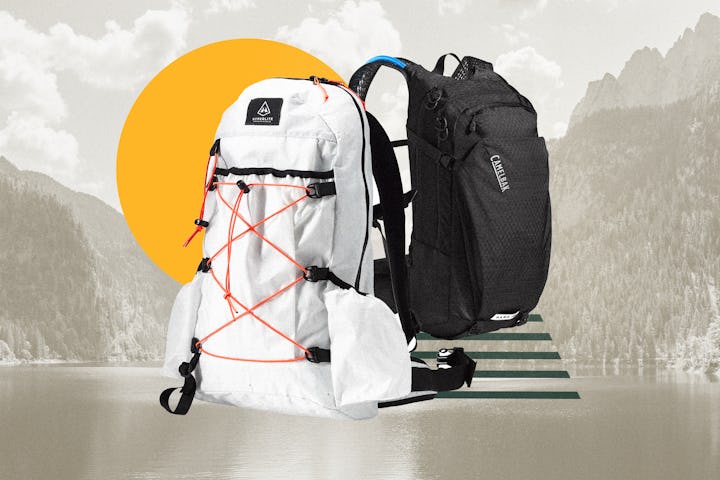 A collage of a panorama site, an orange circle, and two perfect daypacks for any family hike