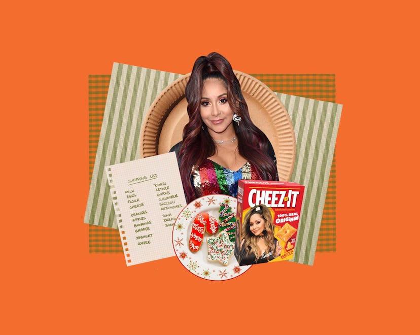 A collage with Nicole "Snooki" Polizzi, a shopping list, Christmas cookies, and a box of Cheez-It wi...