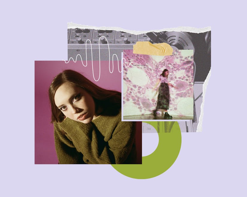Sophie Allison next to an album cover of her latest soccer mommy project