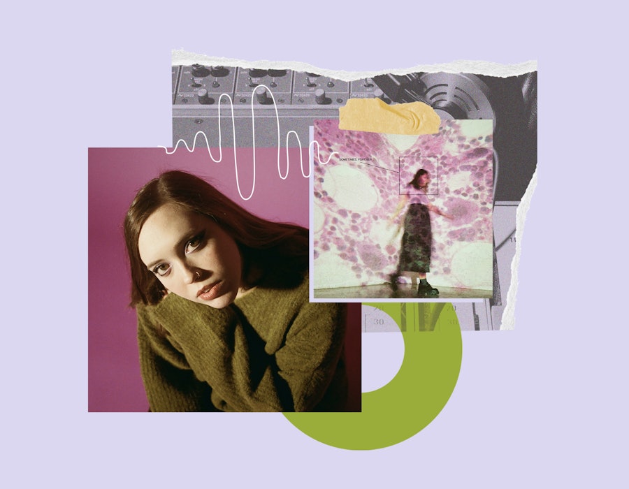 Sophie Allison next to an album cover of her latest soccer mommy project