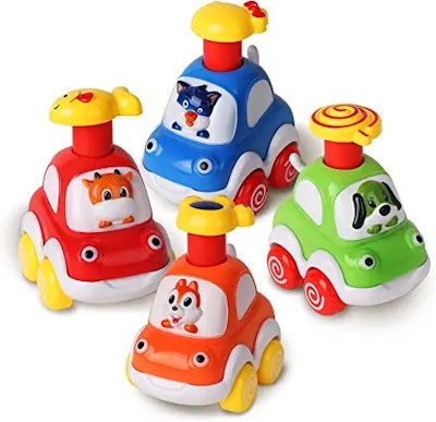 Toy cars with push buttons to power them are perfect for 1-year-olds.