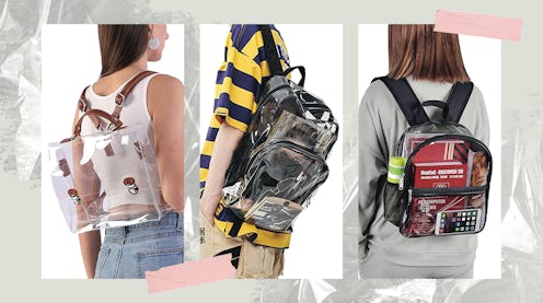 A collage of three photos featuring models wearing some of the best clear backpacks on Amazon.